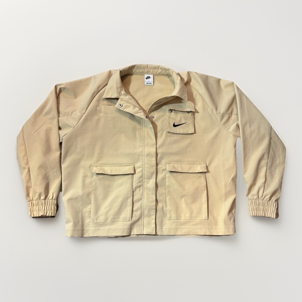 Nike Jacket Sportswear Swoosh Woven Zip Button Utility Pockets Tan Sz XL
